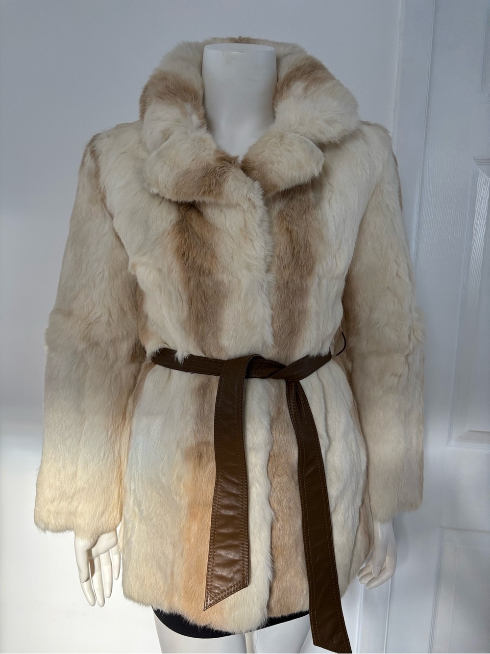Vintage Michele Cream Rabbit Fur Coat with Brown Belt